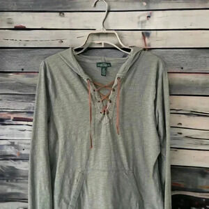 LAUREN RALPH LAUREN Women Hooded lJersey Shirt Olive Green Cotton Size Large